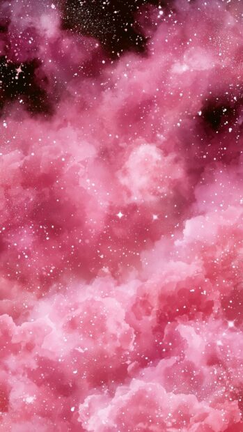 A magical pink aesthetic wallpaper depicting a galaxy or cosmic sky with soft pink clouds and numerous sparkling stars