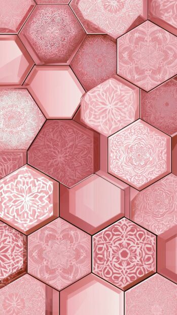 An intricate pink aesthetic wallpaper showcasing hexagonal tiles with elegant mandala patterns and solid pink sections