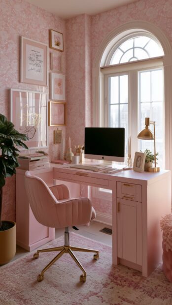 A cozy pink aesthetic wallpaper featuring a stylish home office with a computer desk and velvet chair