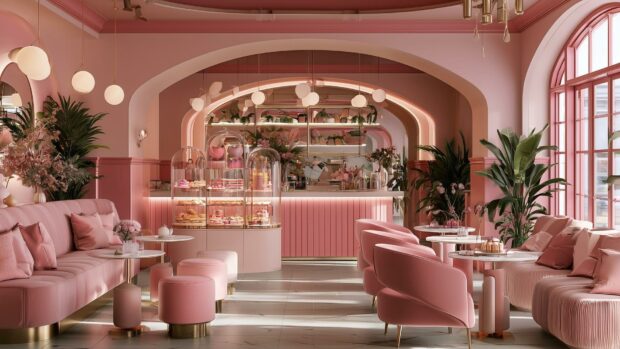 A stylish pink aesthetic wallpaper showcasing the elegant interior of a modern pink cafe with comfortable seating