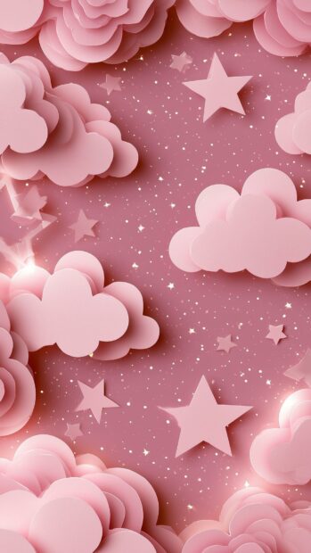 A dreamy pink aesthetic wallpaper featuring adorable paper cutout clouds and stars with subtle sparkles