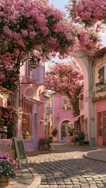 A beautiful Pink Aesthetic Wallpaper featuring a charming street lined with blooming pink trees and quaint buildings