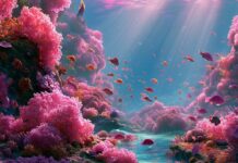 A stunning pink aesthetic wallpaper showing a vibrant underwater coral reef teeming with various colorful fish and bright pink corals, illuminated by sunbeams from above