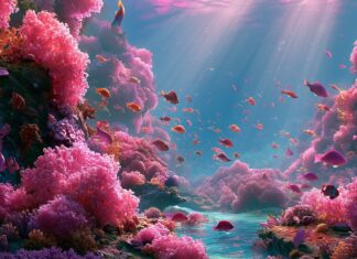 A stunning pink aesthetic wallpaper showing a vibrant underwater coral reef teeming with various colorful fish and bright pink corals, illuminated by sunbeams from above