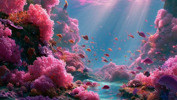 A stunning pink aesthetic wallpaper showing a vibrant underwater coral reef teeming with various colorful fish and bright pink corals, illuminated by sunbeams from above