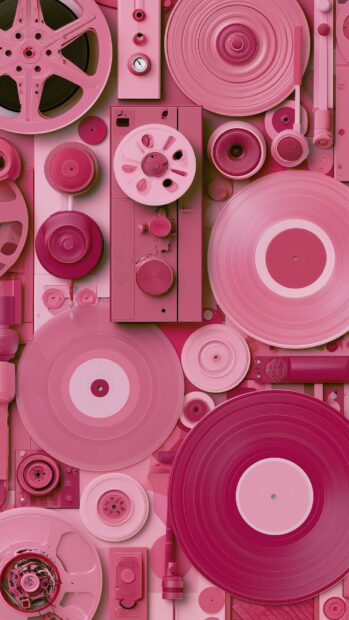 A unique pink aesthetic wallpaper showcasing a flat lay of vintage audio equipment like vinyl records and film reels, all in monochromatic pink tones