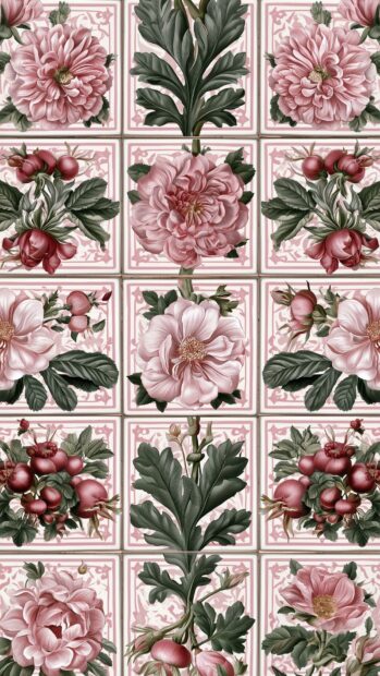 A classic pink aesthetic wallpaper showcasing a beautiful vintage floral tile pattern with pink peonies and green leaves