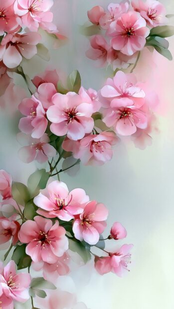 A delicate pink aesthetic wallpaper featuring watercolor-style cherry blossom flowers blooming on branches