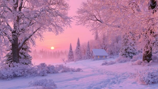 An enchanting Pink Aesthetic Wallpaper depicting a winter landscape with snow-covered trees and a pink sunset over a small house