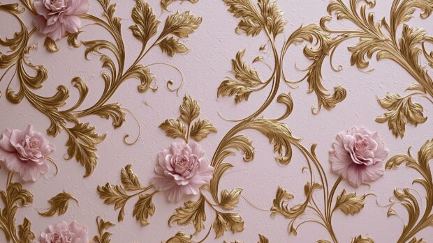 Elegant Rose Wallpaper featuring pink embossed roses and golden floral patterns on a light background