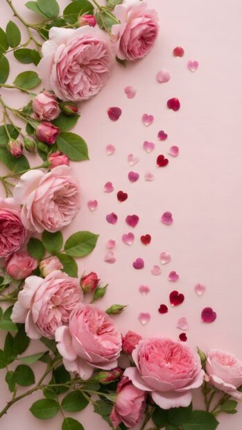 This charming Roses Wallpaper features pink roses and buds arranged with scattered heart-shaped petals on a soft pink background, creating a romantic mobile theme. It's a delightful choice for a lovely device screen