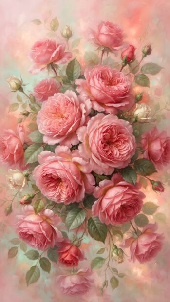 This lovely Roses Wallpaper showcases a beautiful bouquet of pink roses in a soft watercolor style, ideal for a serene mobile or tablet background. The pastel tones create a calming visual effect