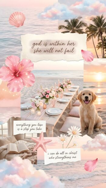 Preppy wallpaper aesthetic collage featuring a cute golden retriever puppy on a beach, pink flowers, and inspiring quotes