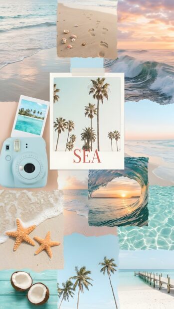 A preppy wallpaper aesthetic collage featuring various beach and summer elements like palm trees, ocean waves, sand, starfish, and a light blue camera