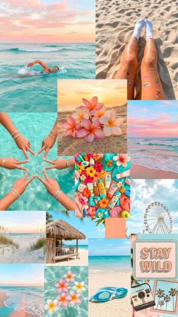 A preppy wallpaper aesthetic collage featuring various summer beach scenes, including swimming, sand, flowers, and travel accessories