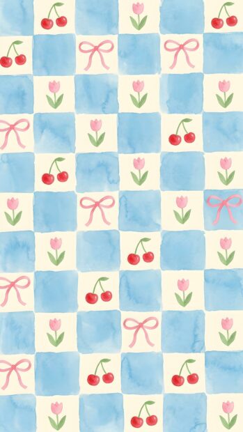 A preppy wallpaper aesthetic featuring a blue and cream checkerboard pattern with repeating cherries, pink bows, and tulips
