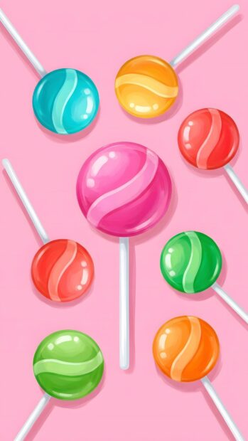 Preppy wallpaper aesthetic featuring bright colorful lollipops on a pink background
