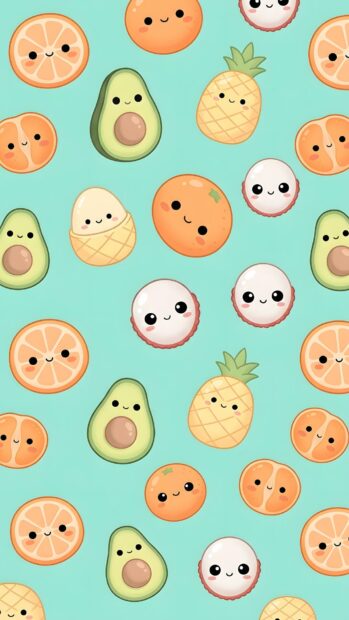 Preppy wallpaper aesthetic featuring a repeating pattern of cute cartoon fruits like oranges, avocados, and pineapples on a light blue background