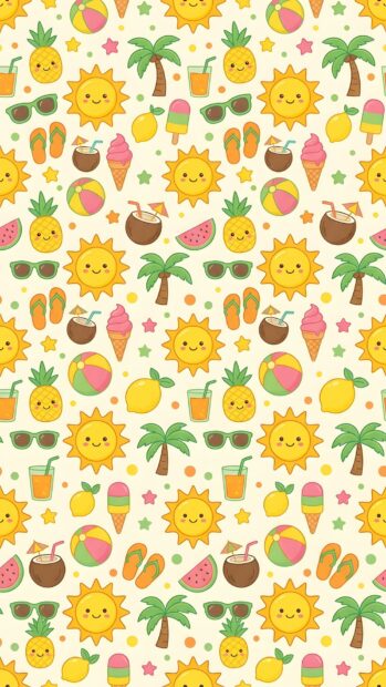 A preppy wallpaper aesthetic featuring a seamless pattern of cute summer icons like smiling suns, pineapples, palm trees, and ice cream on a light background