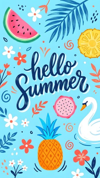 Preppy wallpaper aesthetic with "Hello Summer" text surrounded by colorful summer fruits and tropical elements on a bright blue background
