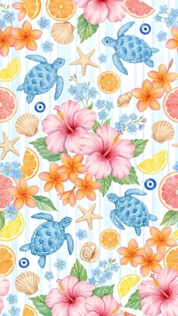 A busy preppy wallpaper aesthetic with a summer ocean theme, featuring blue turtles, seashells, starfish, and pink hibiscus flowers on a striped background