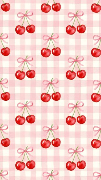 A preppy wallpaper aesthetic featuring a pink gingham pattern with red cherries tied with pink bows, perfect for mobile