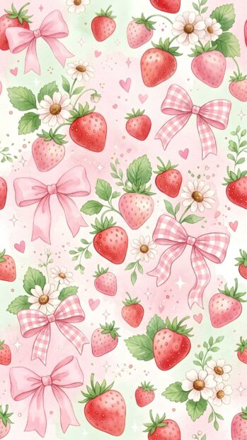 Preppy wallpaper aesthetic pattern featuring pink strawberries, gingham bows, and white daisies on a pastel pink background