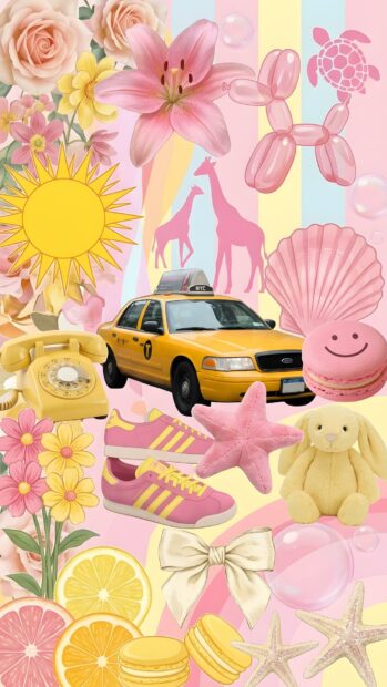 A preppy wallpaper aesthetic collage showcasing pink and yellow items like flowers, a taxi, sneakers, and macarons