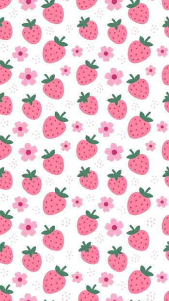 Preppy wallpaper aesthetic with a minimalist pattern of pink strawberries and small flowers on a clean white background