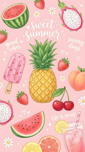 A preppy wallpaper aesthetic featuring a variety of colorful summer fruits like watermelon, pineapple, and strawberries on a pink background with "sweet summer" text