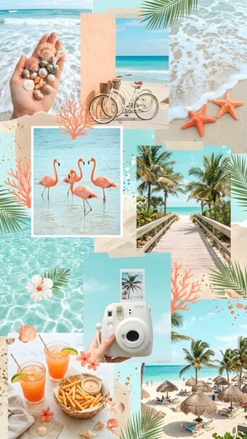 A preppy wallpaper aesthetic collage showcasing tropical beach elements like seashells, flamingos, palm trees, and ocean views