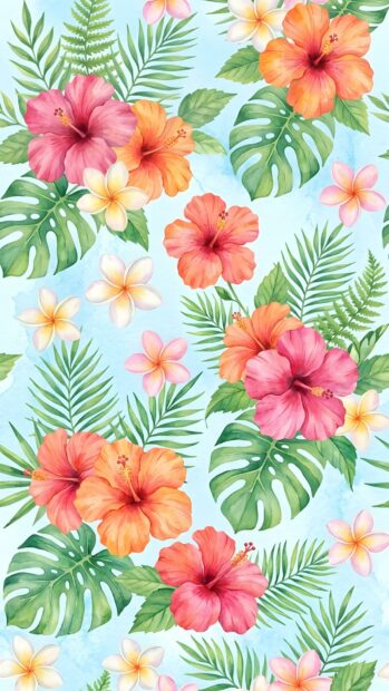 A vibrant preppy wallpaper aesthetic showcasing a pattern of pink and orange hibiscus and plumeria flowers with green tropical leaves