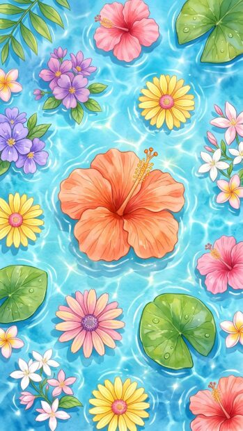 A preppy wallpaper aesthetic showing a vibrant illustration of colorful tropical flowers and green lily pads floating on sparkling blue water
