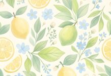 A preppy wallpaper aesthetic displaying a beautiful watercolor pattern of fresh yellow lemons, green leaves, and small blue flowers elegantly arranged on a light background
