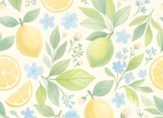 A preppy wallpaper aesthetic displaying a beautiful watercolor pattern of fresh yellow lemons, green leaves, and small blue flowers elegantly arranged on a light background