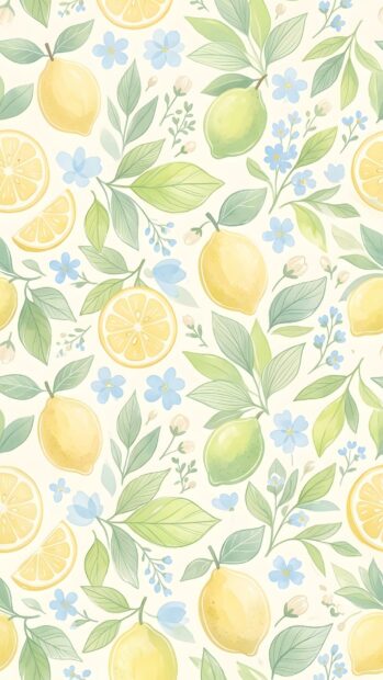 A preppy wallpaper aesthetic displaying a beautiful watercolor pattern of fresh yellow lemons, green leaves, and small blue flowers elegantly arranged on a light background