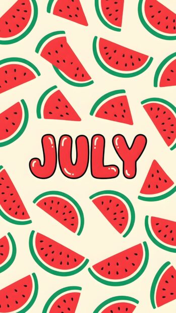 A preppy wallpaper aesthetic featuring a pattern of red watermelon slices and the word "JULY" in the center
