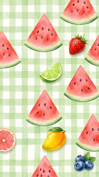A preppy wallpaper aesthetic featuring a pattern of watermelon slices, strawberries, mango, and other fruits on a green gingham background
