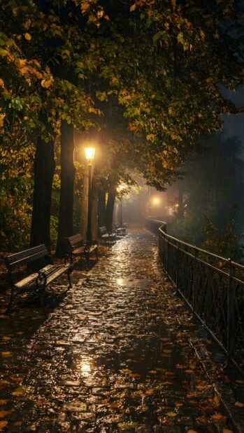 A cozy rain wallpaper featuring an autumn park path at night, illuminated by warm streetlights. Wet leaves cover the ground, reflecting the light