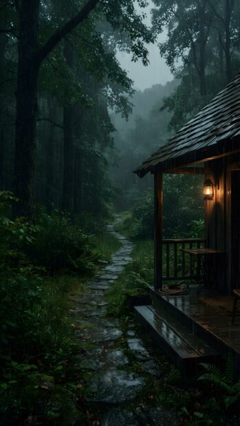 An atmospheric rain wallpaper featuring a cozy wooden cabin porch with a lit lantern, nestled in a misty, dense forest. A wet stone path leads deeper into the rainy woods