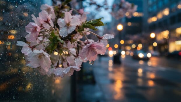 A beautiful rain wallpaper featuring delicate pink cherry blossoms covered in raindrops, with a blurred city street and glowing lights in the background. The wet pavement reflects the urban scene