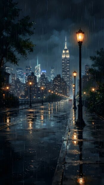 A dramatic rain wallpaper showing a city street at night with glowing streetlights reflecting on the wet pavement. Skyscrapers light up the dark, rainy sky in the background