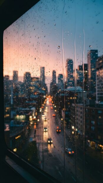 An aesthetic Rain Wallpaper showcasing a city skyline at sunset, viewed through a window covered in streaking raindrops. The warm orange and cool blue sky creates a dramatic backdrop for the blurred city lights