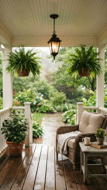 A serene Rain Wallpaper depicting a cozy outdoor porch on a rainy day, with a wicker chair, hanging ferns, and a wet wooden floor. The background features a lush green garden with rain gently falling
