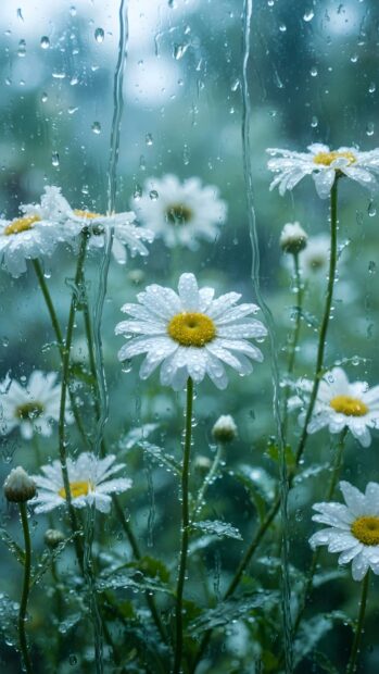 A beautiful rain wallpaper featuring white daisies with raindrops on a window. This serene image captures the freshness of a rainy day