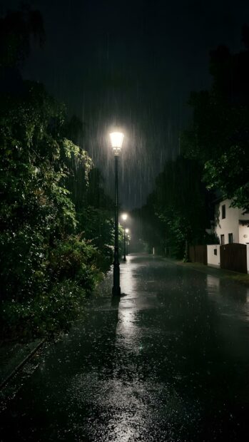 A dramatic rain wallpaper showing a dark street at night, with a prominent streetlight illuminating the falling rain and creating bright reflections on the wet road. Trees line the mysterious path