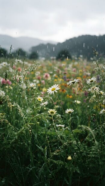 A beautiful rain wallpaper featuring a field of white daisies and colorful wildflowers with raindrops falling. Misty mountains are visible in the background under an overcast sky