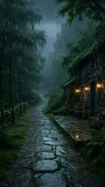 A serene rain wallpaper depicting a stone path winding through a misty forest towards a cozy cabin. The trees are lush and green under the rain