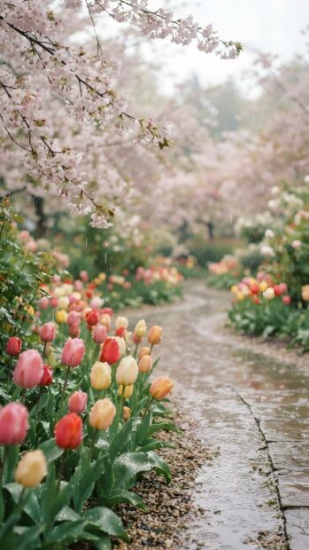 A vibrant Rain Wallpaper showing a colorful garden path lined with blooming tulips and delicate cherry blossoms under a gentle spring rain