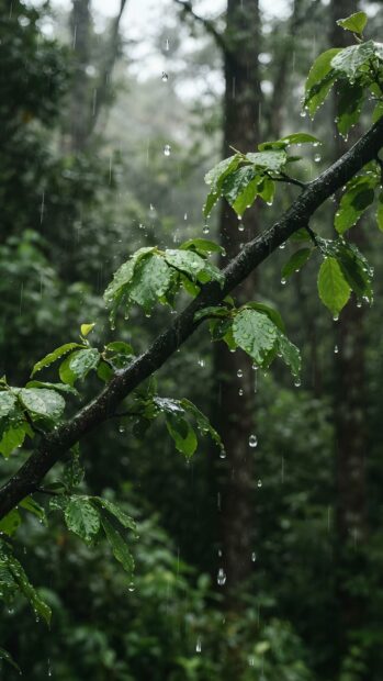 A beautiful Rain Wallpaper featuring a close-up of a tree branch with vibrant green leaves glistening with fresh raindrops. The background shows a blurred, lush forest during a gentle downpour